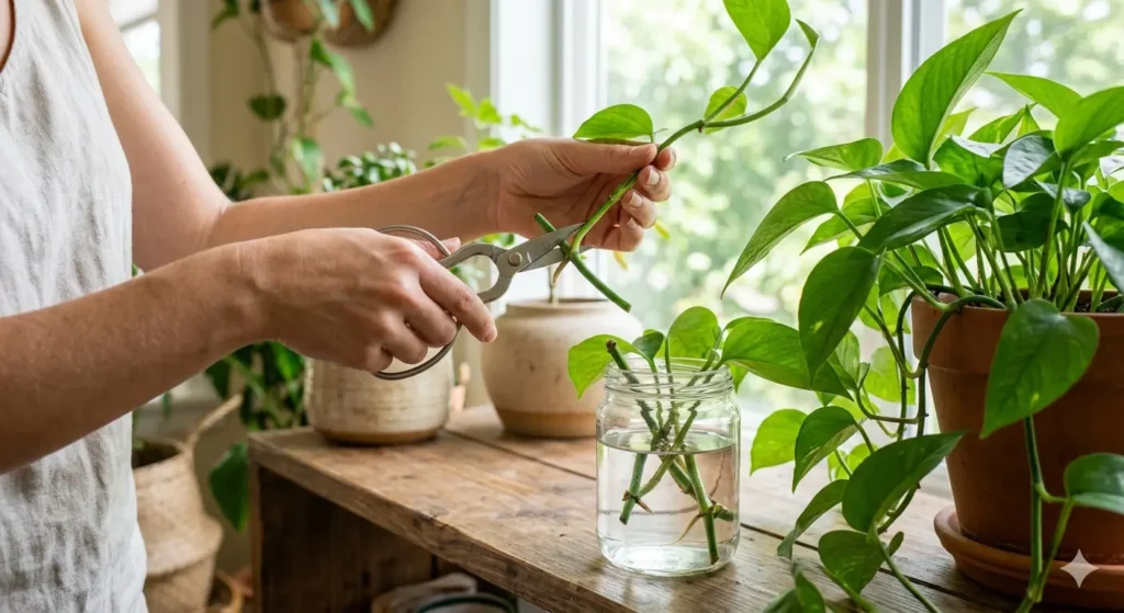 A person’s hand carefully snipping a pothos vine with shears, clearly showing the node and the "V" shape of the cut in a bright, indoor setting.