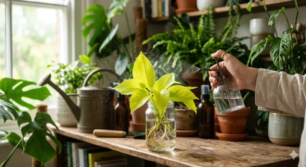 A close-up shot of a hand using a fine mist spray bottle on a Neon Pothos cutting. The leaves are vibrant lime green, and the background is a cozy, well-lit indoor garden room.