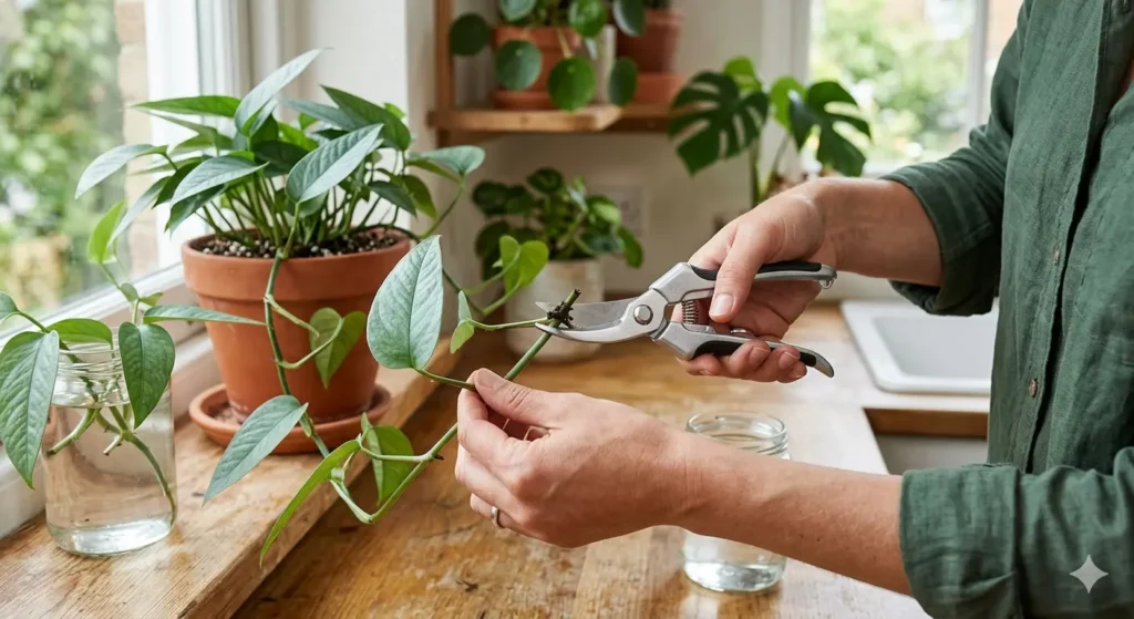 A person’s hands using sharp silver shears to cut a Cebu Blue Pothos vine, clearly highlighting the node and the correct angle of the cut.