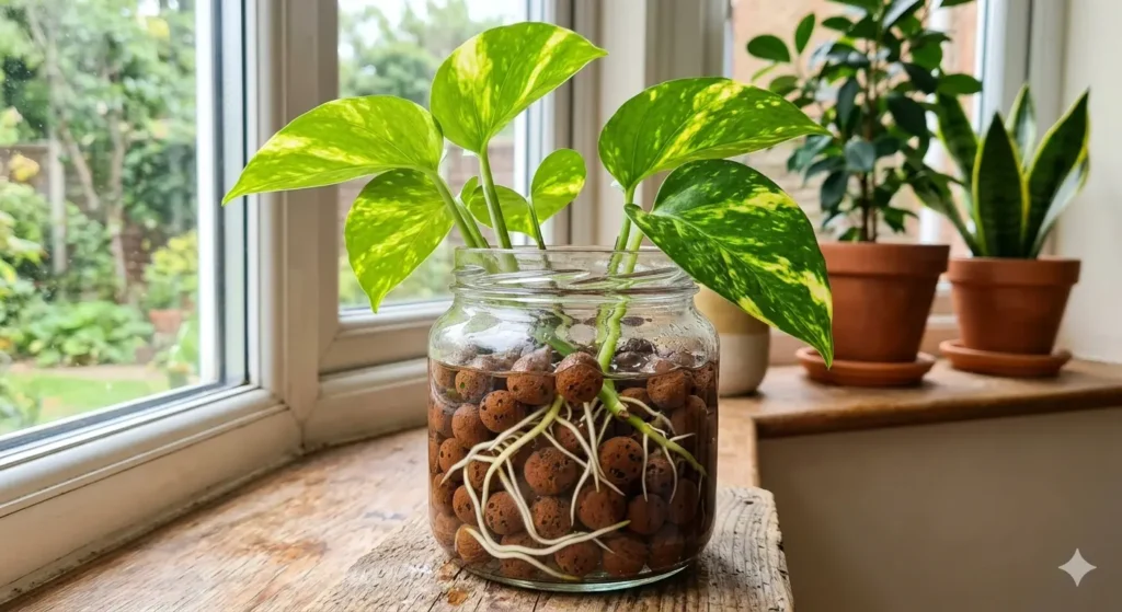 A high-resolution, close-up shot of healthy Golden Pothos cuttings with bright green leaves and thick white roots weaving through round, reddish-brown LECA pebbles in a clear glass jar. The lighting is soft, natural, and bright.