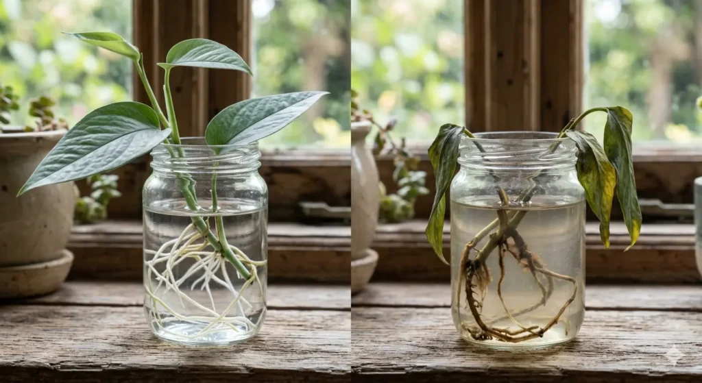 A side-by-side comparison shot showing a healthy Cebu Blue Pothos cutting with white roots vs. a cutting with brown, mushy "rot" to help the reader identify problems.