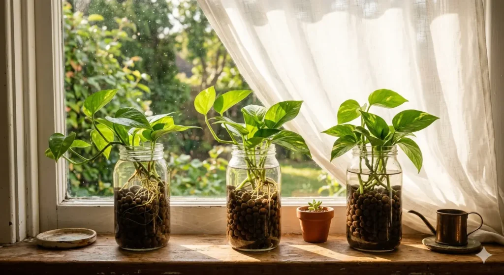 A sunny windowsill featuring three glass jars filled with LECA and Pothos cuttings. The sun is filtering through a sheer white curtain, creating a warm, peaceful indoor garden vibe.