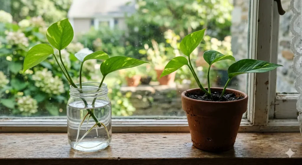 A side-by-side comparison of a pothos cutting in a glass jar of water and another in a small terracotta pot with dark, rich soil, professional studio lighting.