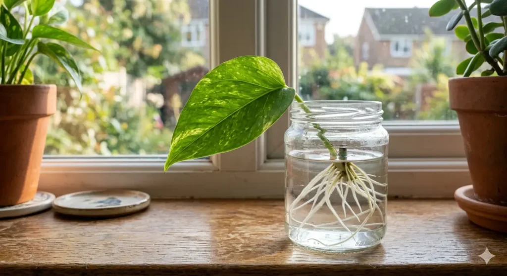 A high-quality, realistic photo of a single Pothos leaf in a clear glass of water, showing long white roots growing from the base of the stem, with soft sunlight in the background, 4k resolution.