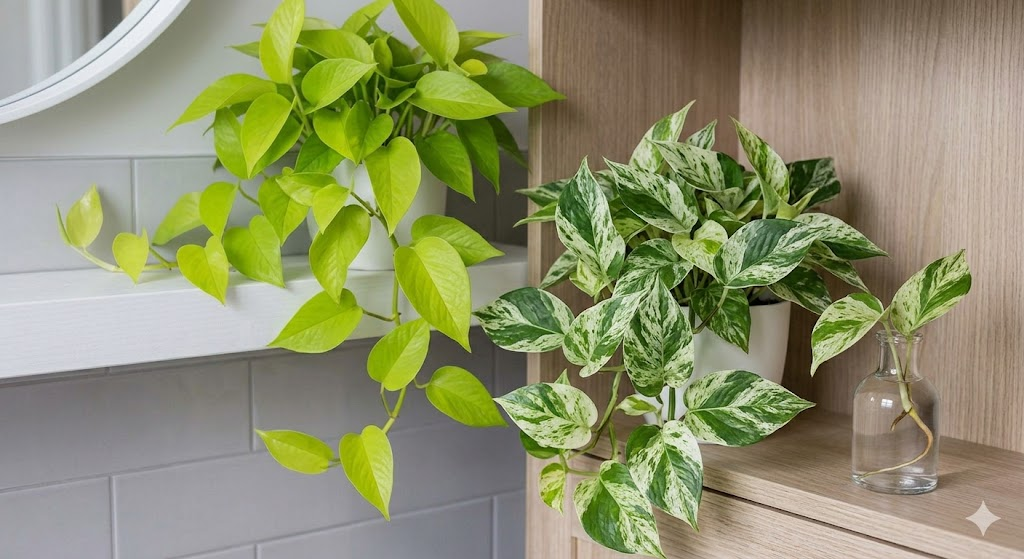An upper shelf showcases two more varieties: a bright Neon Pothos and a detailed Marble Queen Pothos. Below them, a close-up focuses on a small glass vase with a Marble Queen cutting, showing how easy the best pothos propagation method for bathroom use (water rooting) can be.
