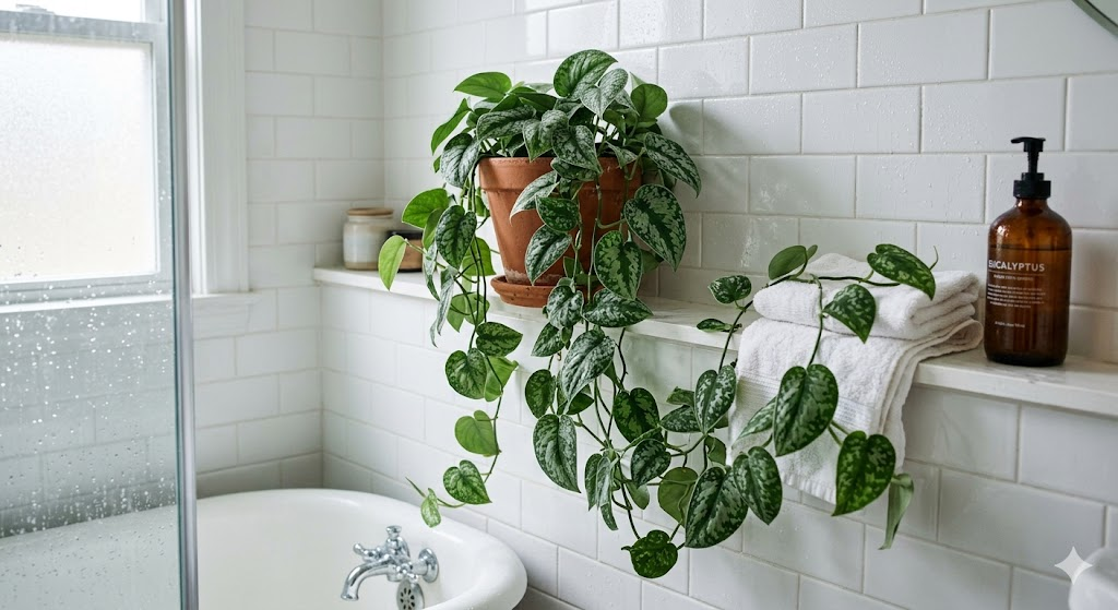 A Satin Pothos (Scindapsus pictus) with silvery spotted leaves cascading down a white tiled bathroom shelf, humid atmosphere, realistic textures.