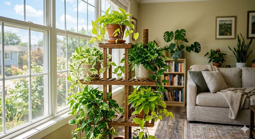 A beautiful indoor garden scene featuring multiple pothos varieties (Golden, Marble Queen, and Neon) on a tiered plant stand, sunny living room background, realistic and cozy.