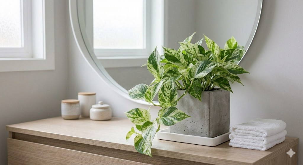 A minimalist bathroom counter with the elegant Marble Queen Pothos vining near a round mirror. The pot is grey concrete, illustrating the advice on the best containers for small bathrooms. The lighting is diffused and soft, perfect for this plant.