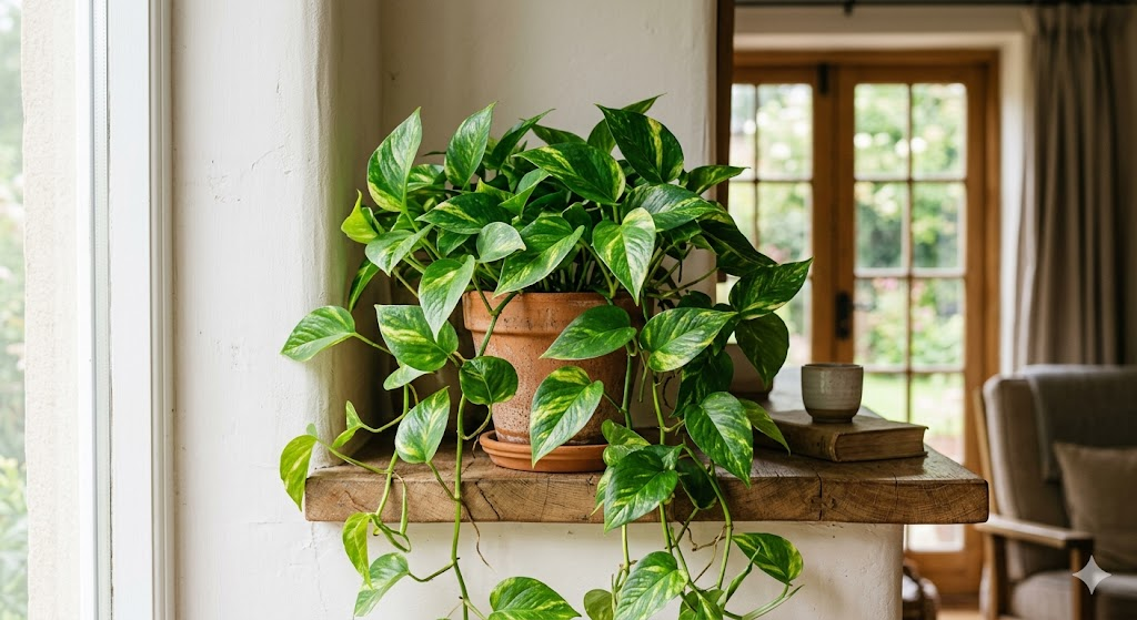 A lush Golden Pothos plant sitting on a wooden shelf in a bright room with soft, filtered sunlight hitting the heart-shaped leaves