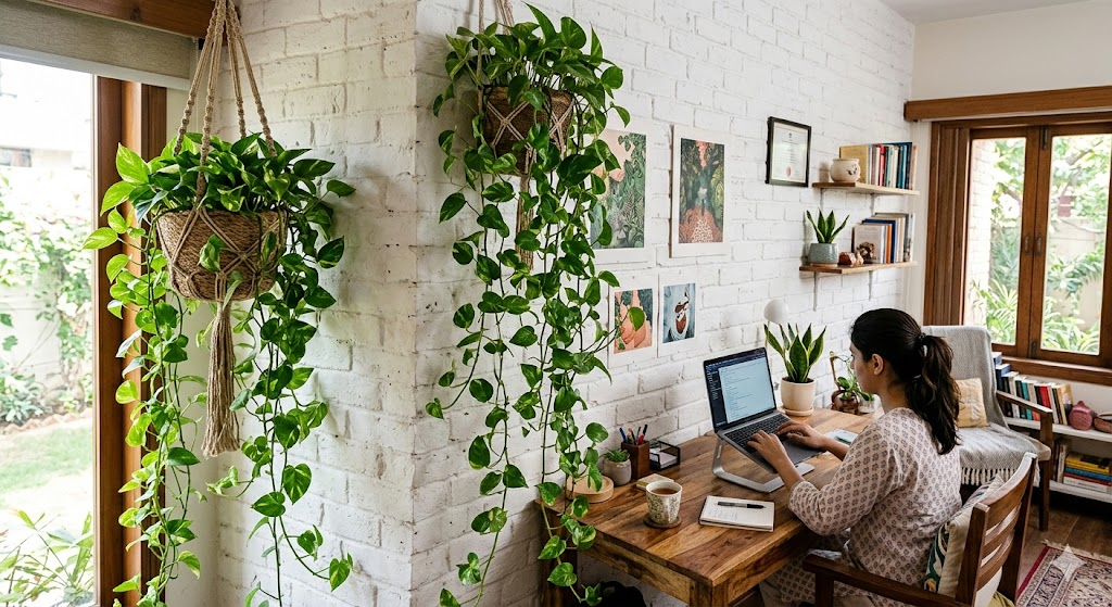 A hanging basket featuring long, trailing pothos vines cascading down a white brick wall in a cozy home office setup.