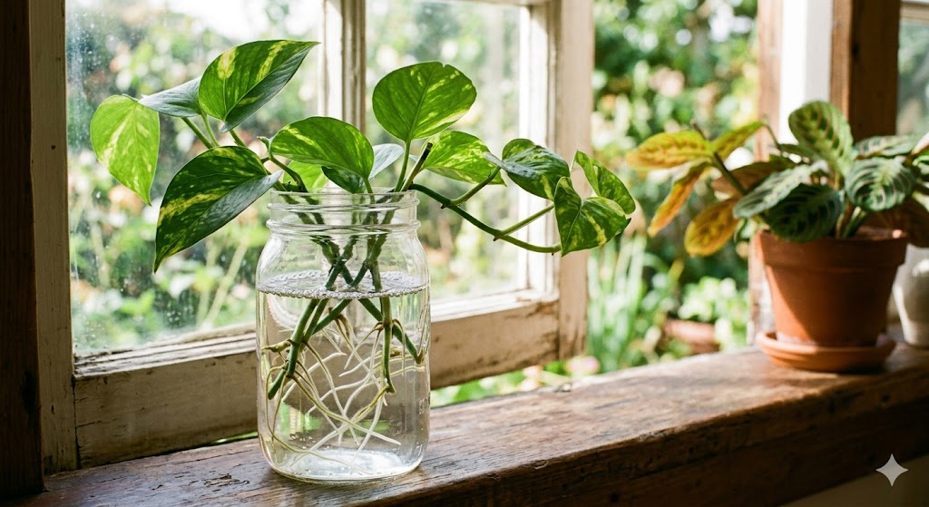 A close-up of a glass jar filled with water containing several pothos stem cuttings with visible white roots growing from the nodes.