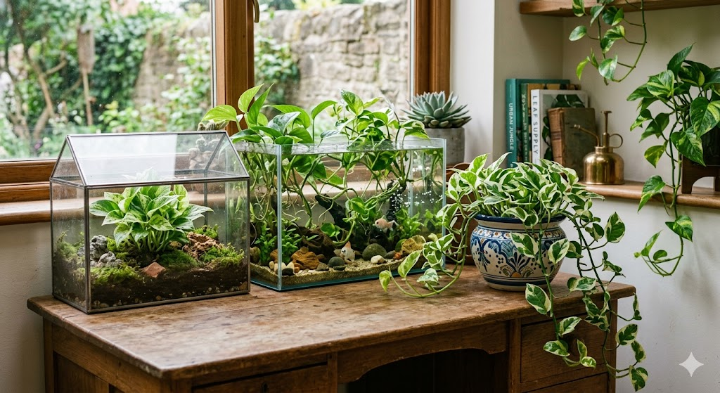 A beautiful indoor garden corner showing various pothos types in different containers: a terrarium, an aquarium, and a decorative pot on a desk.