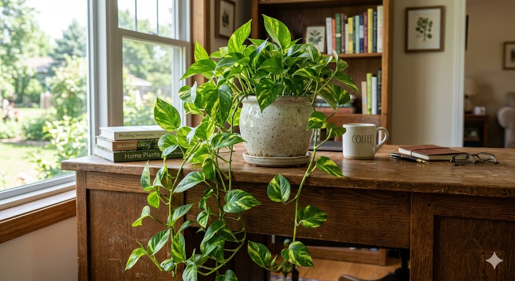 A lush Golden Pothos plant in a ceramic pot sitting on a wooden desk, showing long trailing vines with yellow-green heart-shaped leaves, soft natural sunlight, high resolution.