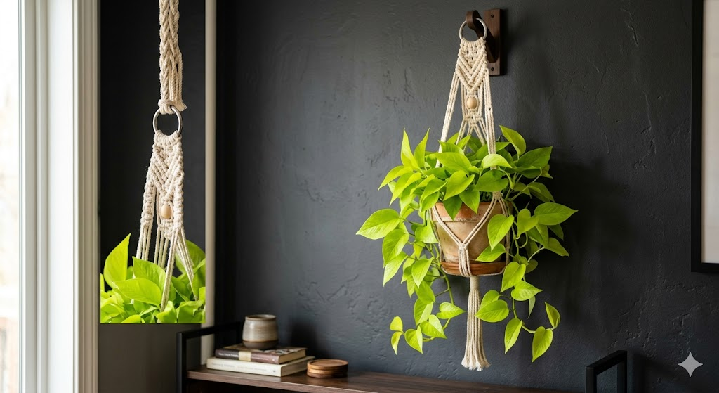 A vibrant Neon Pothos with glowing lime-green leaves hanging in a macrame plant hanger against a dark charcoal wall, vivid colors, 8k resolution.