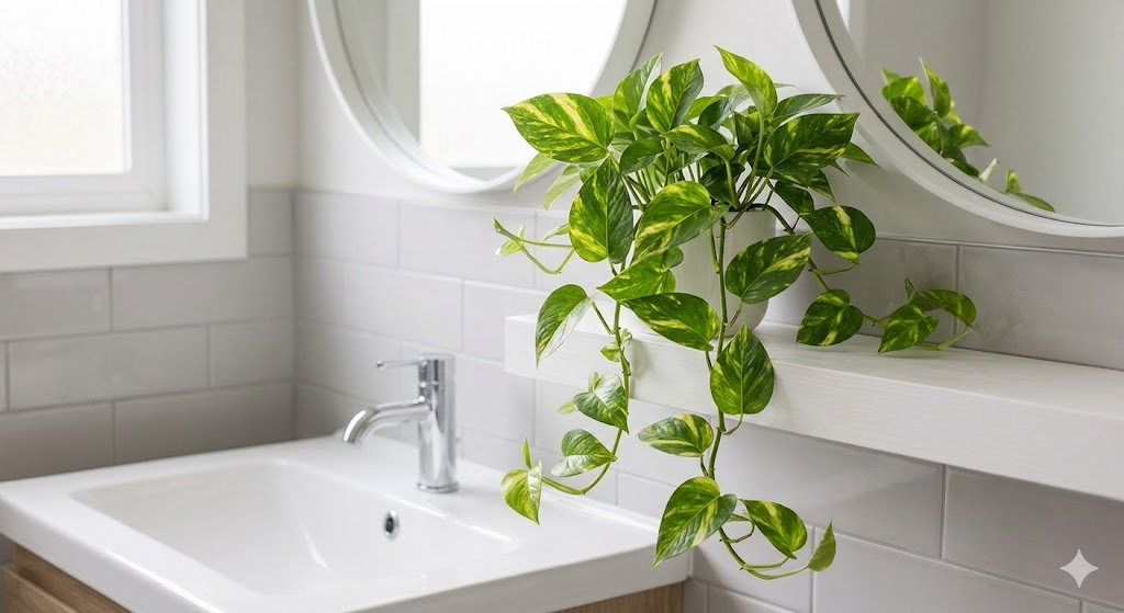 A lush Golden Pothos (Epipremnum aureum) sitting on a white shelf above a bathroom sink. Its variegated green and yellow leaves are trailing gracefully, adding life to the tiled wall.
