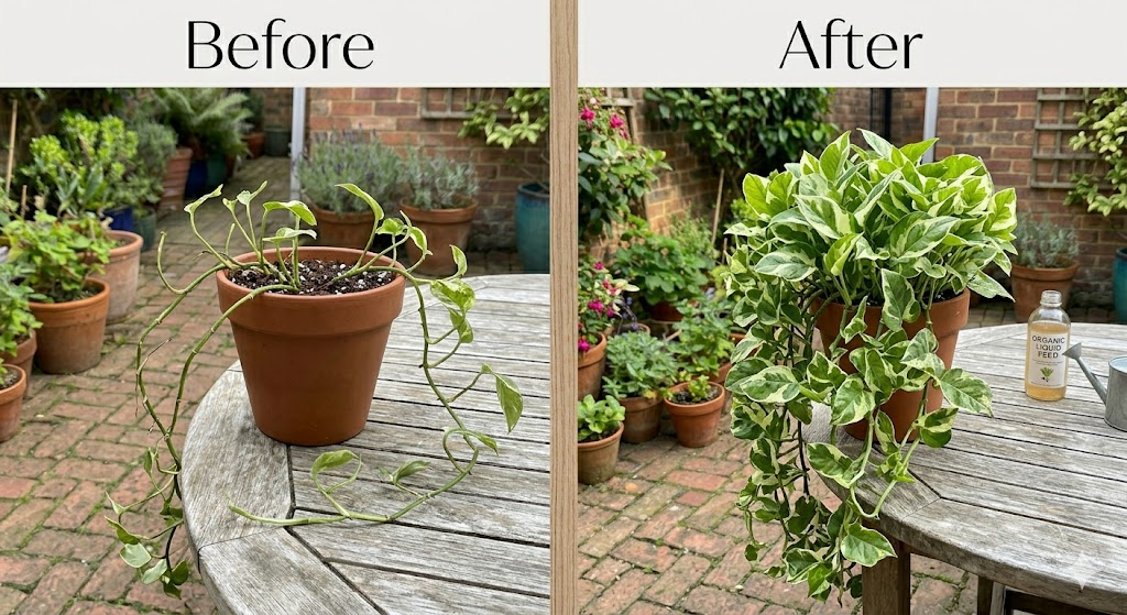 A side-by-side comparison photo. The left side shows a "leggy" pothos with sparse leaves. The right side shows the same plant three months later, looking thick, bushy, and vibrant after proper pruning. Annotated with "Before" and "After" in a clean, modern font.