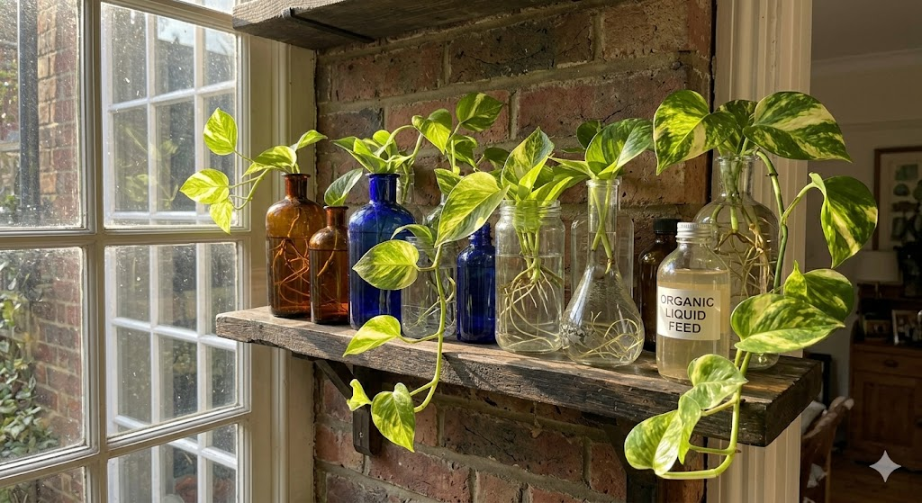 A collection of glass jars and vintage bottles on a wooden shelf, filled with pothos cuttings. Visible white roots are growing into the clear water. Sunlight is streaming through a nearby window, highlighting the variegated patterns of the leaves.
