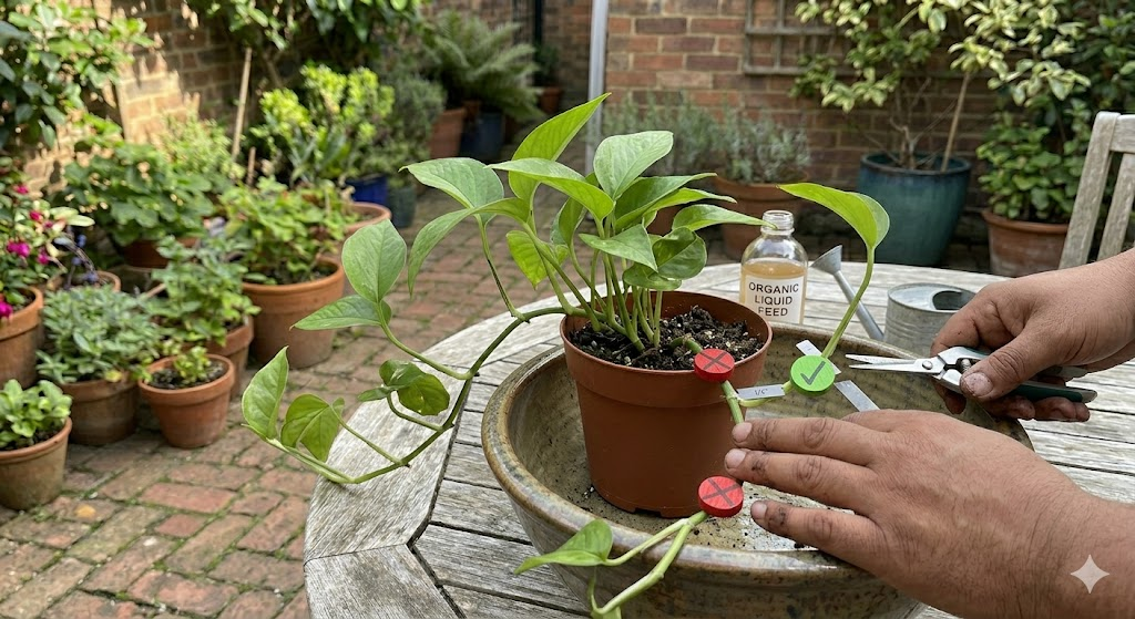 An infographic style image showing a pothos stem. Red "X" marks show where NOT to cut (too close to the node), and a green checkmark shows the perfect 45-degree cut 1/4 inch above the node. Clear, easy-to-read labels.