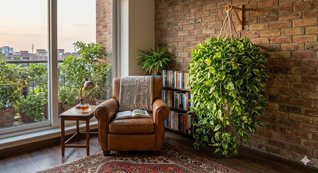 A cozy reading nook featuring a large, lush, bushy pothos plant hanging from a macrame planter. The plant is overflowing with healthy, variegated leaves, showing the successful results of long-term pruning and care.