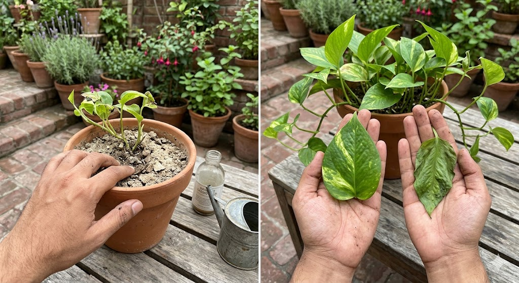 A side-by-side comparison shot: one hand feeling dry, crumbly soil in a terracotta pot, and the other hand showing a healthy, firm Pothos leaf vs. a wilted, thirsty leaf to demonstrate proper moisture checking.