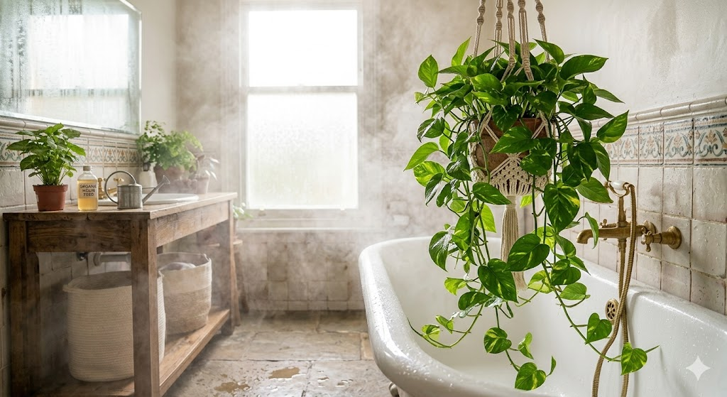 A wide-angle lifestyle shot of a lush, thriving Pothos plant hanging in a brightly lit bathroom with steam in the air, emphasizing the connection between humidity and healthy growth.