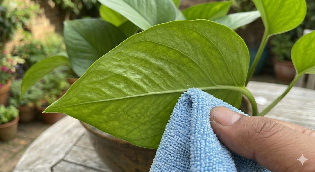 A macro photograph of the underside of a Pothos leaf being wiped clean with a soft microfiber cloth, showing the vibrant green texture and lack of pests.