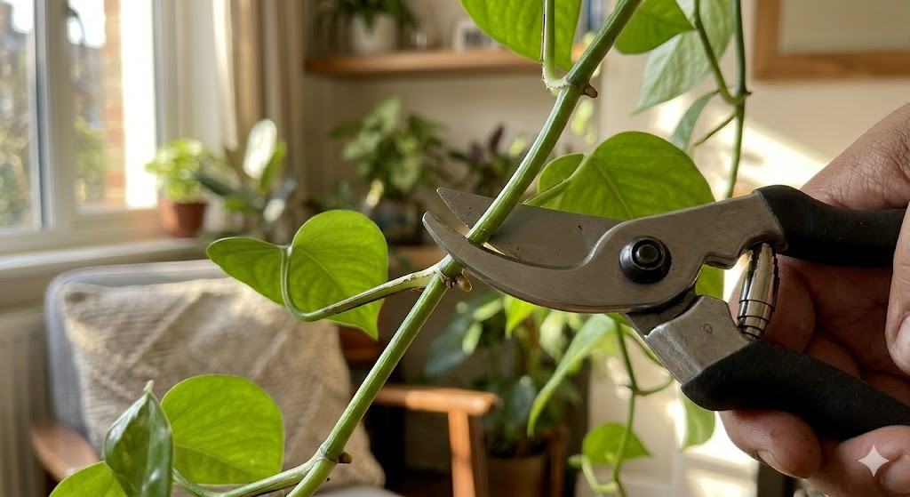 A high-resolution, close-up shot of a pair of sharp, clean bypass pruners cutting a pothos vine at a 45-degree angle, 1/4 inch above a leaf node. The lighting is soft, natural morning sunlight, showing the texture of the green stem and a blurry living room background.