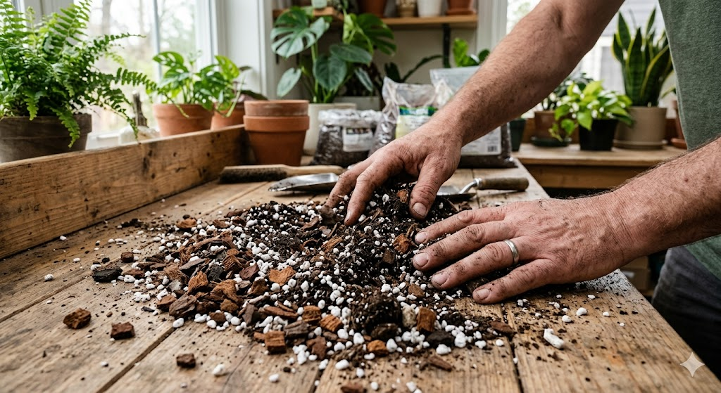 A detailed view of a gardener's hands mixing a fresh, chunky potting soil blend on a clean wooden table. The mixture clearly shows visible white pieces of perlite, chunks of brown orchid bark, and rich dark soil, creating a highly porous and aerated texture perfect for tropical indoor plants.