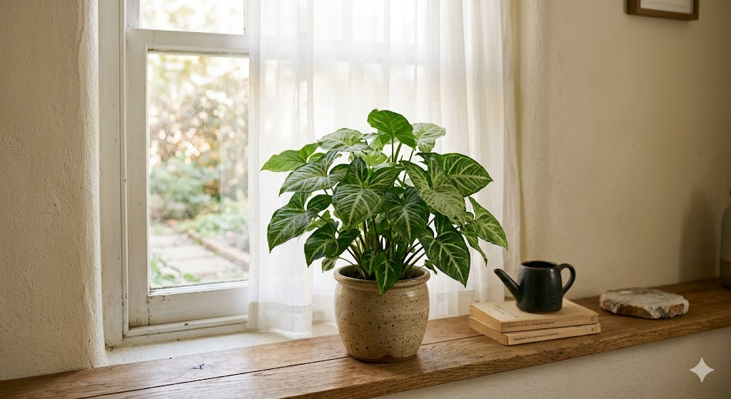 An arrowhead plant with lush, variegated green and white leaves sitting beautifully on a wooden shelf next to a bright window. Soft, filtered sunlight filters through a sheer white curtain, illuminating the plant without casting harsh, burning shadows on the leaves.