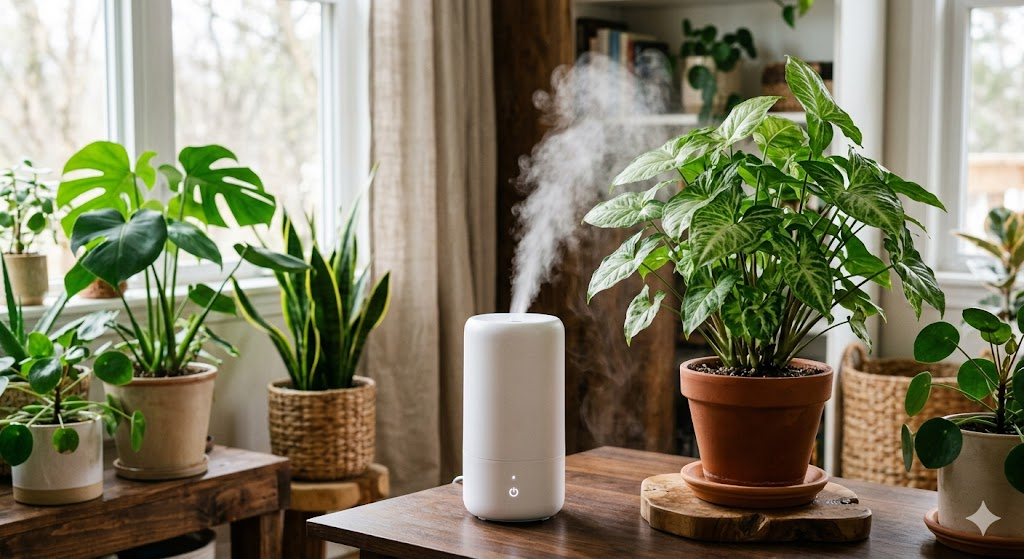 A sleek, modern ultrasonic cool-mist humidifier running gently on a table next to a group of healthy indoor tropical plants. A soft, visible plume of clean white water vapor drifts gracefully toward the arrow-shaped leaves of a nearby Syngonium plant.