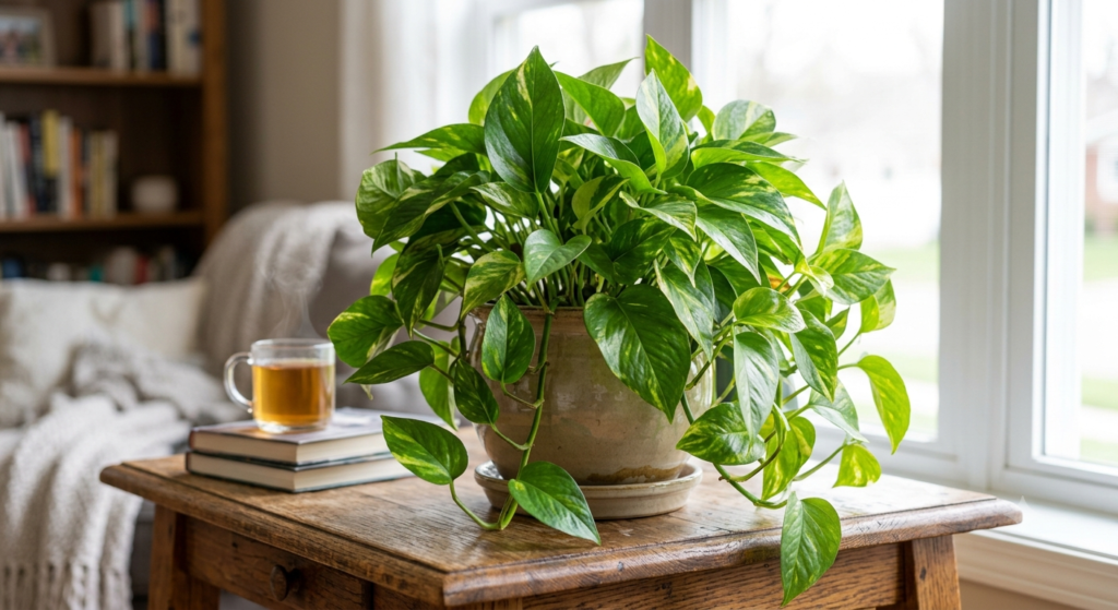 This hyper-realistic full shot captures the success of proper trimming and care. The same pothos plant has now transformed into a full, bushy, and thriving specimen in a decorative glazed ceramic pot. The thick, cascading foliage completely hides the soil, showcasing the powerful effect of pothos plant rejuvenation techniques.