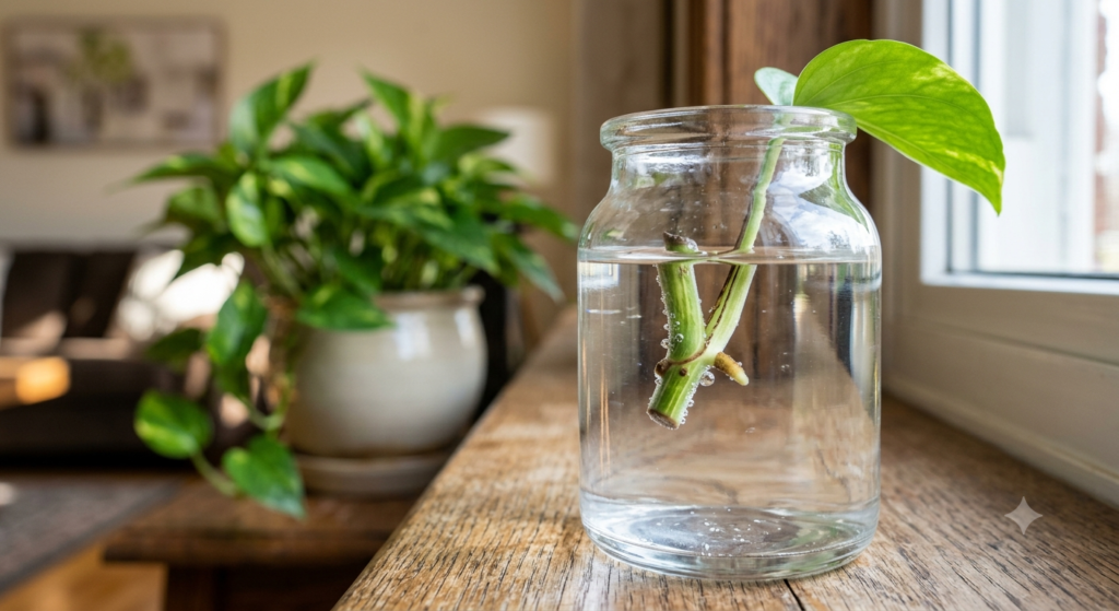 This close-up photo shows a single pothos stem cutting in a clean glass vase. A precise pothos node cutting technique has been used. The focus is critically sharp on the node and the tiny initial root nub emerging into the clear water, illustrating how a proper cut below the node leads directly to new growth.
