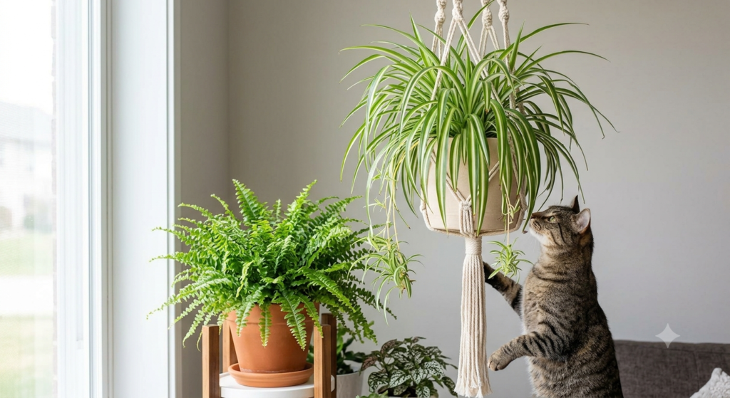 A tabby cat standing on hind legs reaching for a hanging macrame spider plant near a window.
