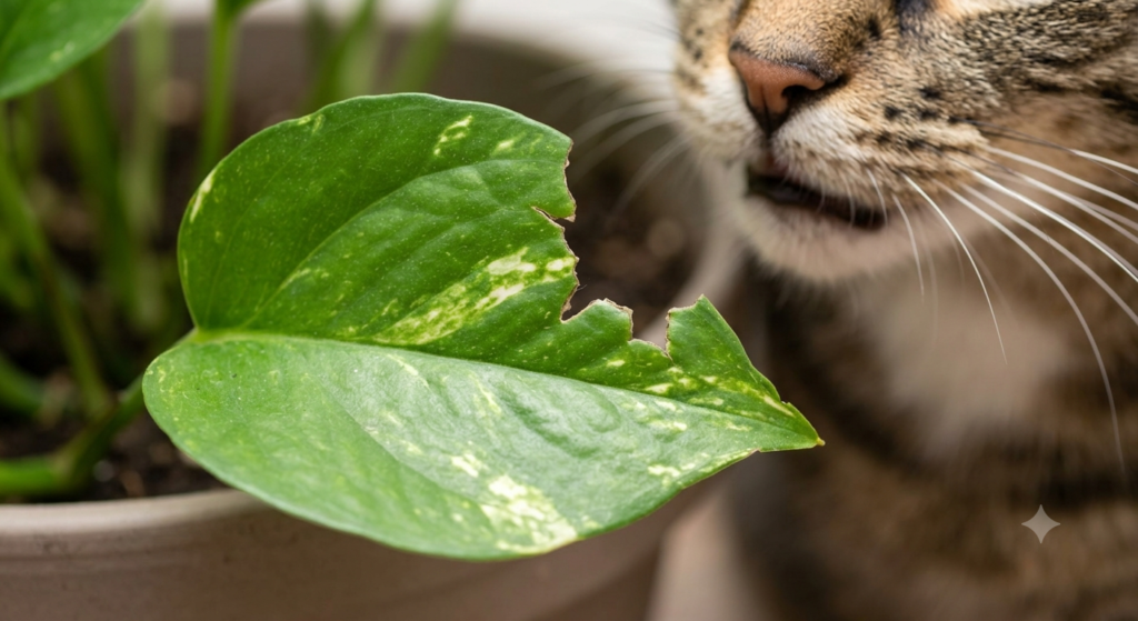 Detailed view of a green houseplant leaf with visible bite marks and a tabby cat in the background.