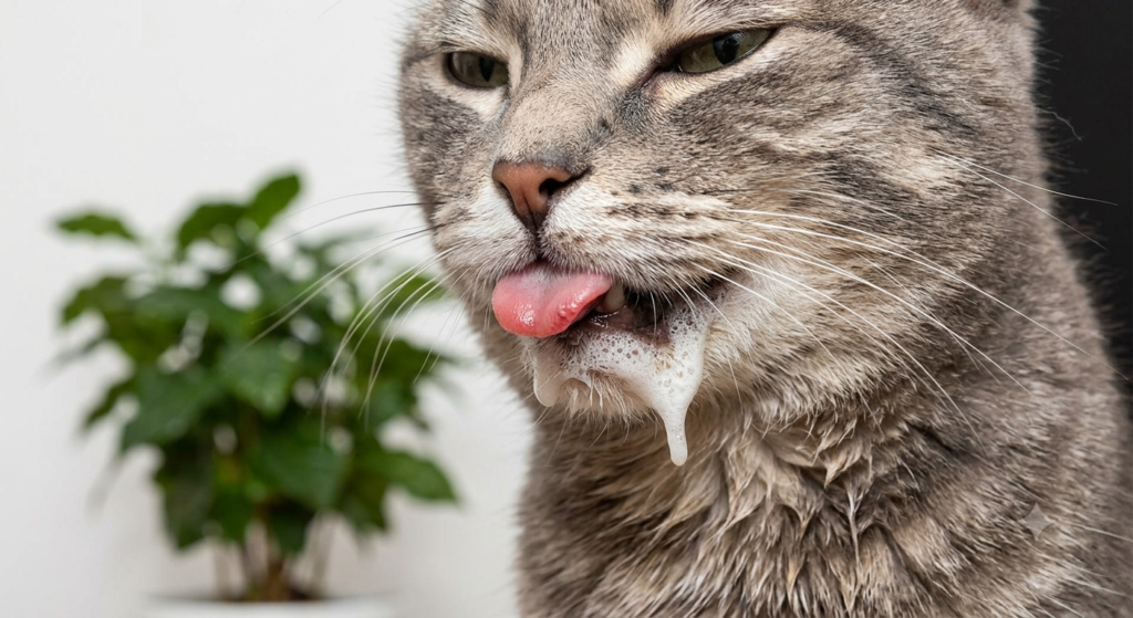 A close up of a sick tabby cat foaming and drooling at the mouth next to a green houseplant.