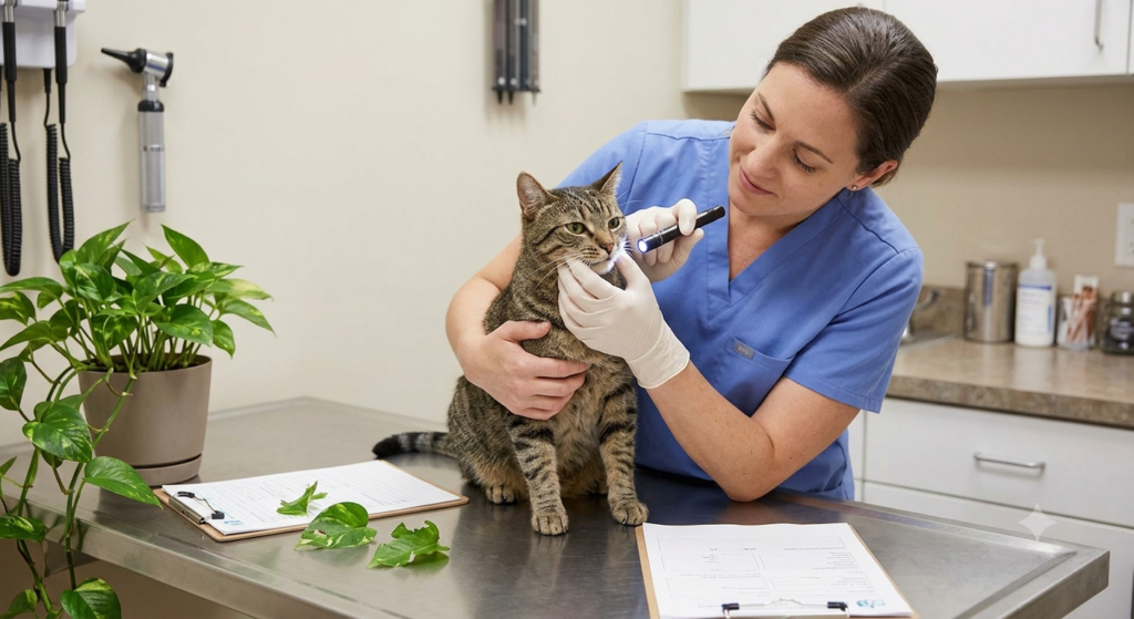 A female veterinarian in blue scrubs using a penlight to examine a tabby cat mouth on a clinic table.