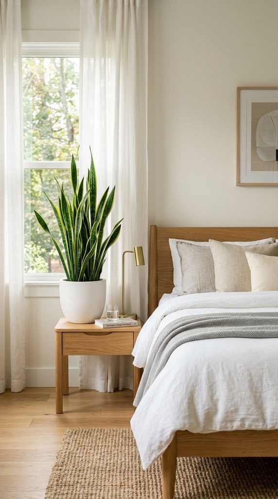 Snake plant in white pot beside bed in bright modern bedroom