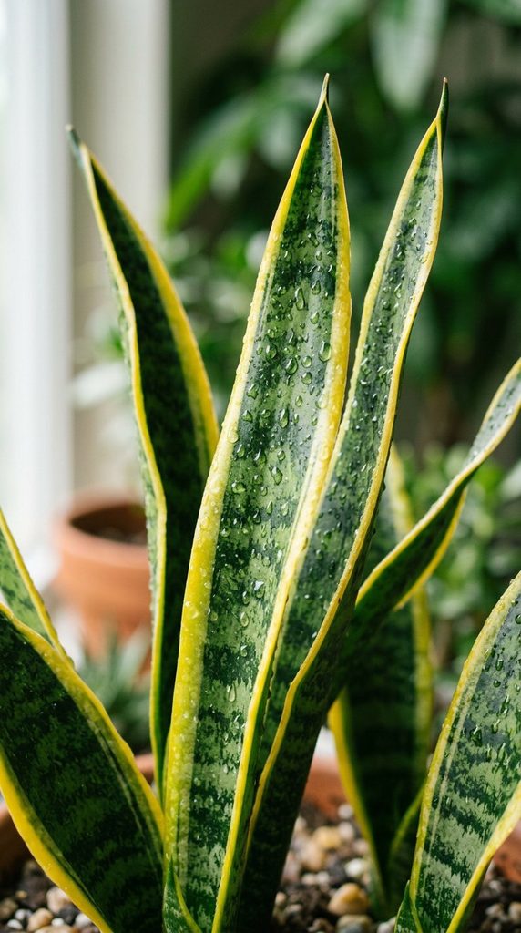 Close-up of healthy green snake plant leaves with yellow edges