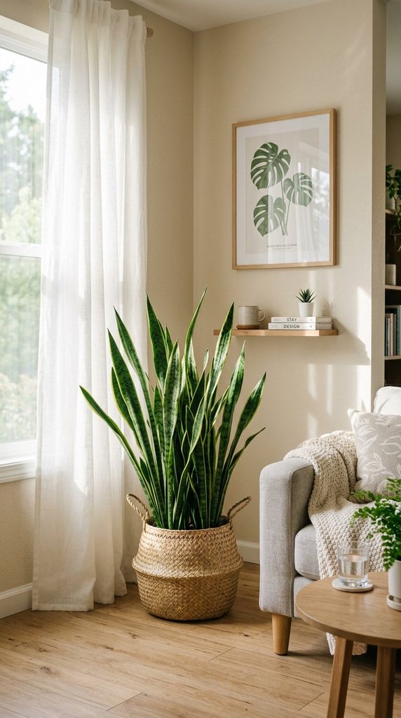 Large snake plant in woven basket in bright living room corner