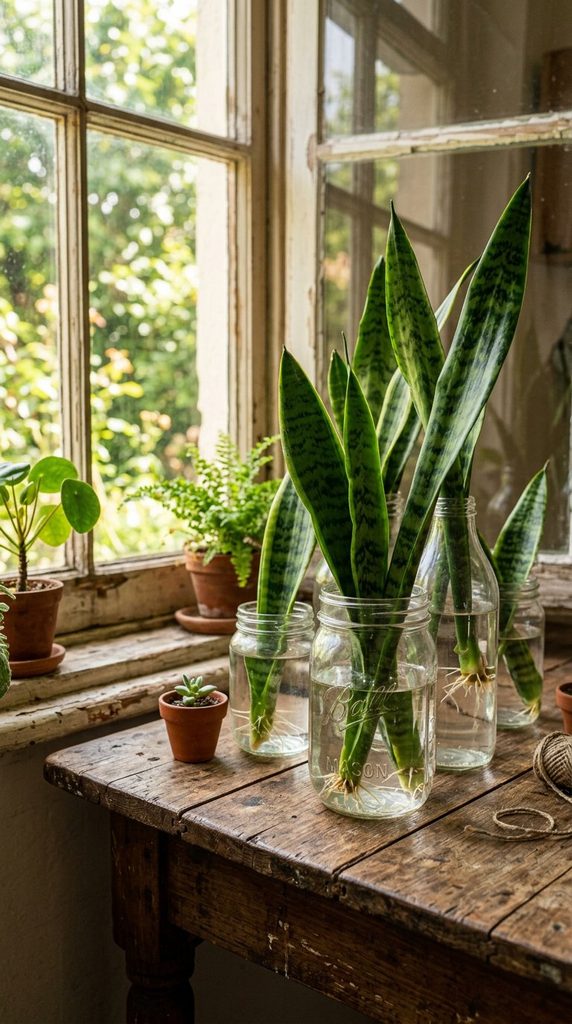 Snake plant cuttings propagating in glass jars of water near window